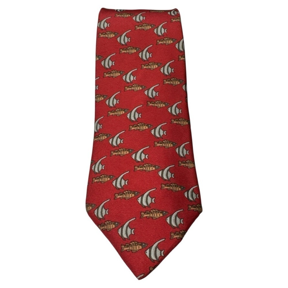 Herms Red Tropical Fish Print Silk Tie 7336 Ea